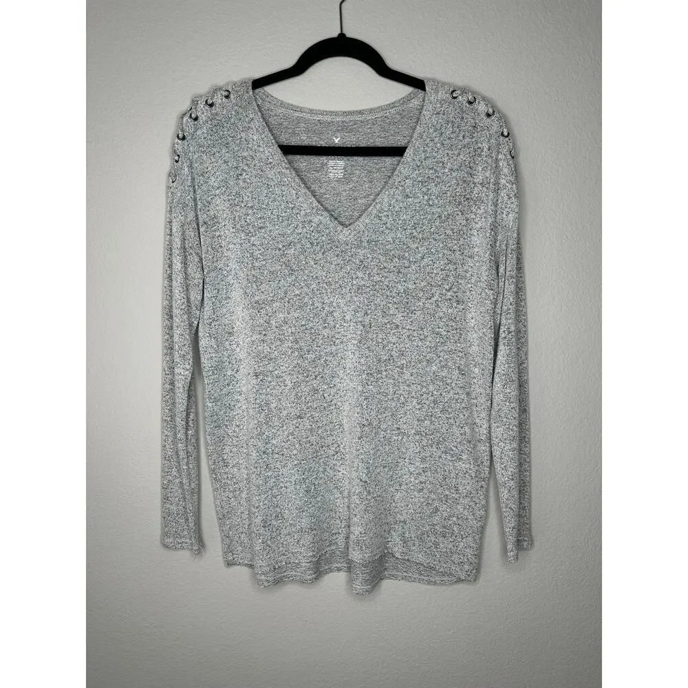 AMERICAN EAGLE Soft and Sexy Plush Lace Up Shoulder V Neck Oversized Pullover XS - Picture 2 of 8